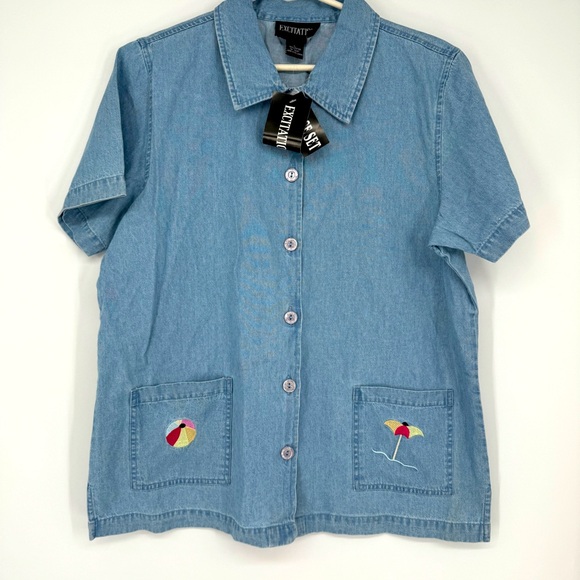 Vintage NEW beachy embroidered denim/chambray button down shirt - Picture 1 of 8